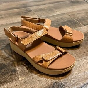 Vionic Women's Nuala Lizard Embossed Wedge Strappy Sandals,Tan, 11